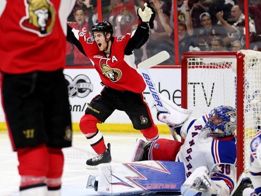 Kyle Turris celebrates the Sens' fourth goal.