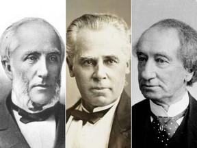 L-R: George Brown, Georges-Etiènne Cartier, and Sir John A. Macdonald.