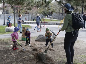 Theo, 2, Xavier, 2, and Calum, 2, take part in the Wellington West spring cleanup in Ottawa on Saturday