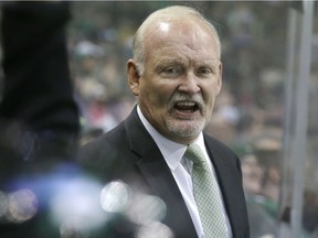 Dallas Stars head coach Lindy Ruff yells from the bench during the first period of an NHL hockey game against the Winnipeg Jets Tuesday, Oct. 25, 2016, in Dallas.