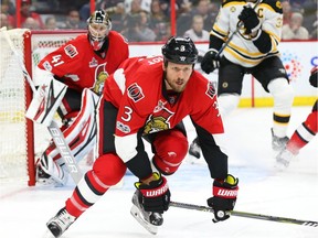 Marc Methot in action during the Senators' April 21 playoff game against the Boston Bruins. He has been made available for the Vegas Golden Knights expansion draft.