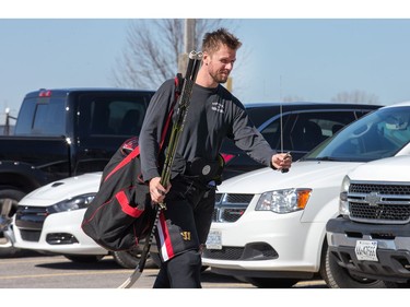 Marc Methot with his injured left pinky finger bandaged up heads into the arena as the Ottawa Senators practice at the Bell Sensplex in advance of their next NHL playoff game against the Boston Bruins on Saturday. The Bruins are up 1-0 in a best of seven series.