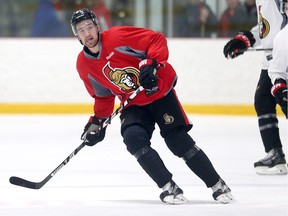 Mark Stone carries out a drill as the Ottawa Senators practice at the Bell Sensplex before the playoffs begin on Wednesday evening.