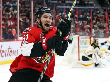 Senators winger Mark Stone celebrates his goal on Tuukka Rask.