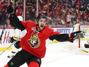 Senators winger Mark Stone celebrates his goal on Tuukka Rask.