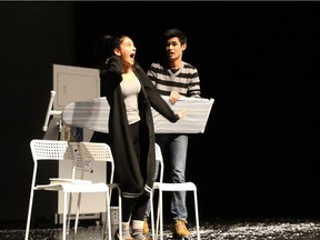 Marvalyn played by Siyona Kassel (L) and Steve played by Jyotir Singhduring (R) Longfields-Davidson Heights Secondary School Cappies production of Almost Maine, on April 6, 2017.