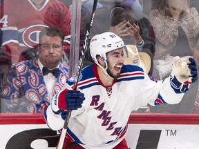 Former Senators centre Mika Zibanejad (93) didn't have a standout season with the New York Rangers, but he did have reason to celebrate after scoring the game-winning goal in overtime of Game 5 against the Montreal Canadiens on Thursday, April 20, 2017.