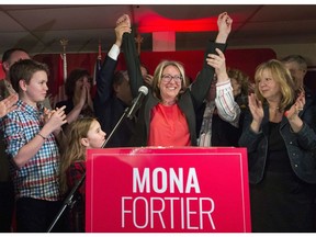 Liberal candidate Mona Fortier celebrates after winning the Ottawa-Vanier federal byelection in Ottawa on Monday, April 3, 2017.