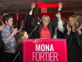 Liberal candidate Mona Fortier celebrates after winning the Ottawa-Vanier federal byelection in Ottawa on Monday, April 3, 2017.