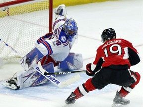 Senators centre Derick Brassard makes an unsuccessful drive to the net against Rangers goalie Henrik Lundqvist during a regular-season game last Saturday.