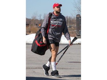 Nice weather for shorts as Viktor Stalberg heads into the arena as the Ottawa Senators practice at the Bell Sensplex in advance of their next NHL playoff game against the Boston Bruins on Saturday. The Bruins are up 1-0 in a best of seven series.