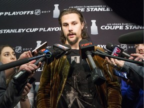 Ottawa Senators captain Erik Karlsson speaks with the media at the Canadian Tire Centre on Friday, April 28, 2017.