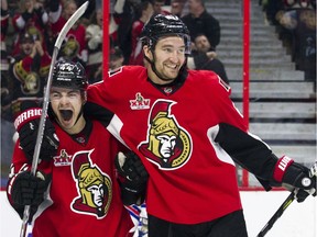 The Ottawa Senators' Jean-Gabriel Pageau celebrates his goal with Mark Stone during the third period of play against the New York Rangers at the Canadian Tire Centre on Saturday, April 8, 2017.
