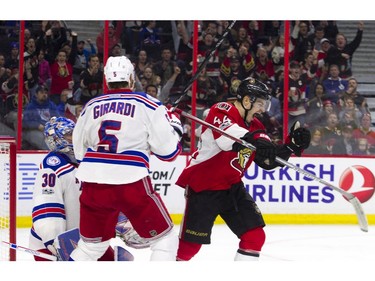 The Ottawa Senators' Jean-Gabriel Pageeau celebrates after scoring a goal.