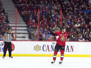 Ottawa Senators #7 Kyle Turris reacts as a fight breaks out at the other end of the ice during the first period against the New York Rangers at Canadian Tire Centre Saturday April 8, 2017.