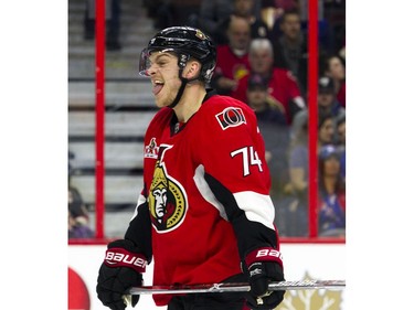 Ottawa Senators #74 Mark Borowiecki sticks his tongue out while playing the New York Rangers during the second period of play at Canadian Tire Centre Saturday April 8, 2017.