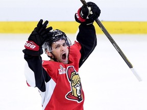 Senators left-winger Clarke MacArthur rejoices after scoring a goal in the second period on Saturday. It was MacArthur's first goal since April 2015.