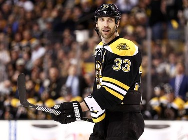 Zdeno Chara of the Boston Bruins looks on during the first period.