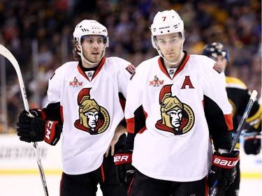 Mike Hoffman, left, and Kyle Turris of the Ottawa Senators during a stoppage in play in the second period.