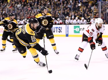 Drew Stafford #19 of the Boston Bruins takes a shot to score against the Ottawa Senators during the first period of Game Six of the Eastern Conference First Round against the Ottawa Senators during the 2017 NHL Stanley Cup Playoffs at TD Garden on April 23, 2017 in Boston, Massachusetts.