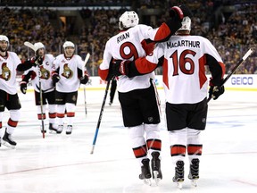 Bobby Ryan #9 of the Ottawa Senators celebrates with Clarke MacArthur #16 after scoring against the Boston Bruins during the second period of Game Six of the Eastern Conference First Round during the 2017 NHL Stanley Cup Playoffs at TD Garden on April 23, 2017 in Boston, Massachusetts.