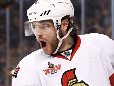 BOSTON, MA - APRIL 23: Bobby Ryan #9 of the Ottawa Senators celebrates after scoring against the Boston Bruins during the second period of Game Six of the Eastern Conference First Round during the 2017 NHL Stanley Cup Playoffs at TD Garden on April 23, 2017 in Boston, Massachusetts.