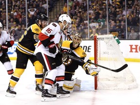 BOSTON, MA - APRIL 23:  Tuukka Rask #40 of the Boston Bruins saves a shot from Clarke MacArthur #16 of the Ottawa Senators during overtime of Game Six of the Eastern Conference First Round during the 2017 NHL Stanley Cup Playoffs at TD Garden on April 23, 2017 in Boston, Massachusetts. The Senators defeat the Bruins 3-2.