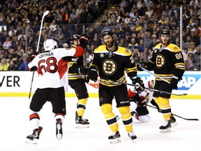 BOSTON, MA - APRIL 23:  Dominic Moore #28 of the Boston Bruins reacts after Clarke MacArthur #16 of the Ottawa Senators scored the game winning goal to defeat the Bruins in overtime of Game Six of the Eastern Conference First Round during the 2017 NHL Stanley Cup Playoffs at TD Garden on April 23, 2017 in Boston, Massachusetts.