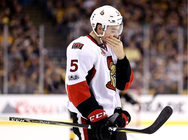 Cody Ceci #5 of the Ottawa Senators reacts during the first period of Game Six of the Eastern Conference First Round against the Boston Bruins during the 2017 NHL Stanley Cup Playoffs at TD Garden on April 23, 2017 in Boston, Massachusetts.