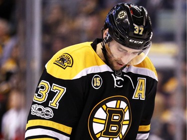 Patrice Bergeron #37 of the Boston Bruins looks on during the second period of Game Six of the Eastern Conference First Round against the Ottawa Senators during the 2017 NHL Stanley Cup Playoffs at TD Garden on April 23, 2017 in Boston, Massachusetts.