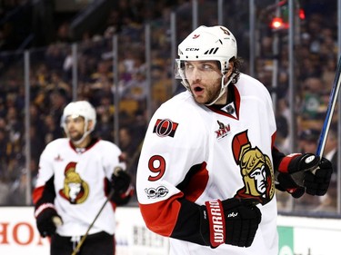 BOSTON, MA - APRIL 23:  Bobby Ryan #9 of the Ottawa Senators celebrates after scoring against the Boston Bruins during the second period of Game Six of the Eastern Conference First Round during the 2017 NHL Stanley Cup Playoffs at TD Garden on April 23, 2017 in Boston, Massachusetts.