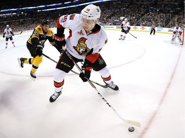 Matt Beleskey #39 of the Boston Bruins defends Ryan Dzingel #18 of the Ottawa Senators during the first period of Game Six of the Eastern Conference First Round during the 2017 NHL Stanley Cup Playoffs at TD Garden on April 23, 2017 in Boston, Massachusetts.