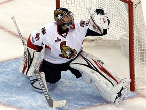 Craig Anderson #41 of the Ottawa Senators defends the net in the third period against  Boston Bruins in Game Three of the Eastern Conference First Round during the 2017 NHL Stanley Cup Playoffs at TD Garden on April 17, 2017 in Boston, Massachusetts.