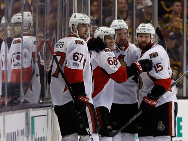 Mike Hoffman #68 of the Ottawa Senators celebrates his goal with teammates in the first period against the Boston Bruins in Game Three of the Eastern Conference First Round during the 2017 NHL Stanley Cup Playoffs at TD Garden on April 17, 2017 in Boston, Massachusetts.