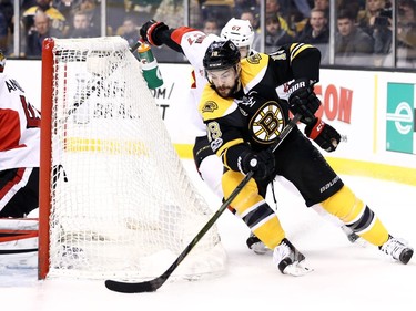 BOSTON, MA - APRIL 6: Drew Stafford #19 of the Boston Bruins looks for a shot on goal during the first period against the Ottawa Senators at TD Garden on April 6, 2017 in Boston, Massachusetts.