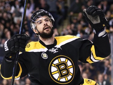 BOSTON, MA - APRIL 6: Drew Stafford #19 of the Boston Bruins celebrates after scoring against the Ottawa Senators during the first period at TD Garden on April 6, 2017 in Boston, Massachusetts.