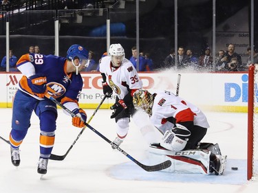 NEW YORK, NY - APRIL 09:  Brock Nelson #29 of the New York Islanders scores at 13:52 of the second period against Mike Condon #1 of the Ottawa Senators at the Barclays Center on April 9, 2017 in the Brooklyn borough of New York City.