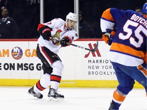 Ben Harpur of the Ottawa Senators takes the first period shot against the New York Islanders at the Barclays Center on April 9, 2017.