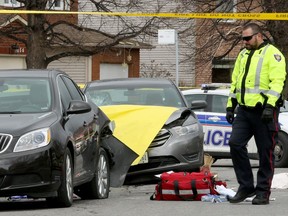 Police cordon off a scene on Prestone Drive near Amiens Street in Orléans Wednesday (April 12, 2017) after a pedestrian was struck and killed.