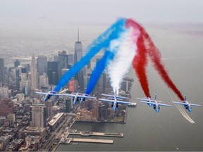 The Patrouille de France aerobatic team pictured over New York City earlier in their tour this month.