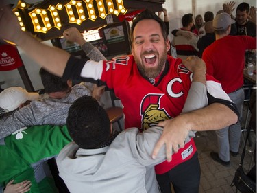 Ron Major reacts as the Senators winning against the Bruins Sunday April 23, 2017 at St. Louis Bar and Grill on Elgin along the Sens Mile .   Ashley Fraser/Postmedia