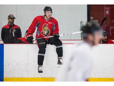 Ryan Dzingel waits to jump on the ice as the Ottawa Senators practice at the Bell Sensplex in advance of their next NHL playoff game against the Boston Bruins on Saturday. The Bruins are up 1-0 in a best of seven series.