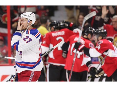 Ryan McDonagh wipes some sweat from his brow after the Senators tied up the game in the thrid period.