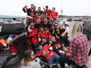 Ottawa Senators fans have a great time in the parking lot outside the Canadian Tire Centre in Ottawa on Saturday, April 15, 2017.