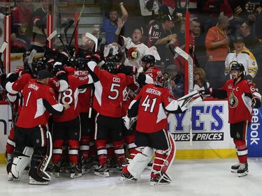 The Ottawa Senators celebrate after defeating the Boston Bruins 4-3 in overtime.