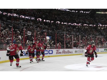 The Senators' Derick Brassard celebrates his third-period goal.