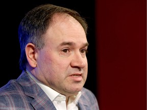 Senators general manager Pierre Dorion addresses the media at Canadian Tire Centre on Monday. it was an off-day for Senators players.  Tony Caldwell/Postmedia