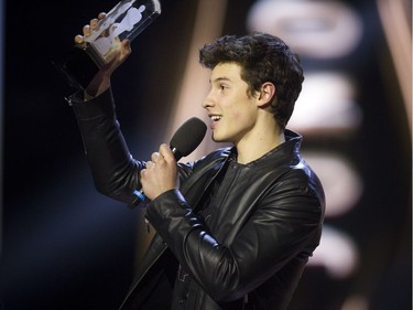 Shawn Mendes receives his award at the 2017 JUNO Awards held at Canadian Tire Centre Sunday April 2, 2017.