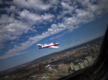 Snowbird 11 Co-ordinator: Captain Paul Faulkner took Postmedia photographer for a flight Saturday April 29, 2017. Snowbird 10 Co-ordinator: Captain Blake McNaughton was in a second plane flying with Faulkner. The Snowbirds are in the Ottawa Gatineau region for the Aero150 air show being held at the Gatineau Ottawa Executive Airport.  Ashley Fraser/Postmedia