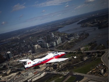 Snowbird 11 Co-ordinator: Captain Paul Faulkner took Postmedia photographer for a flight Saturday April 29, 2017. Snowbird 10 Co-ordinator: Captain Blake McNaughton was in a second plane flying with Faulkner. The Snowbirds are in the Ottawa Gatineau region for the Aero150 air show being held at the Gatineau Ottawa Executive Airport.  Ashley Fraser/Postmedia